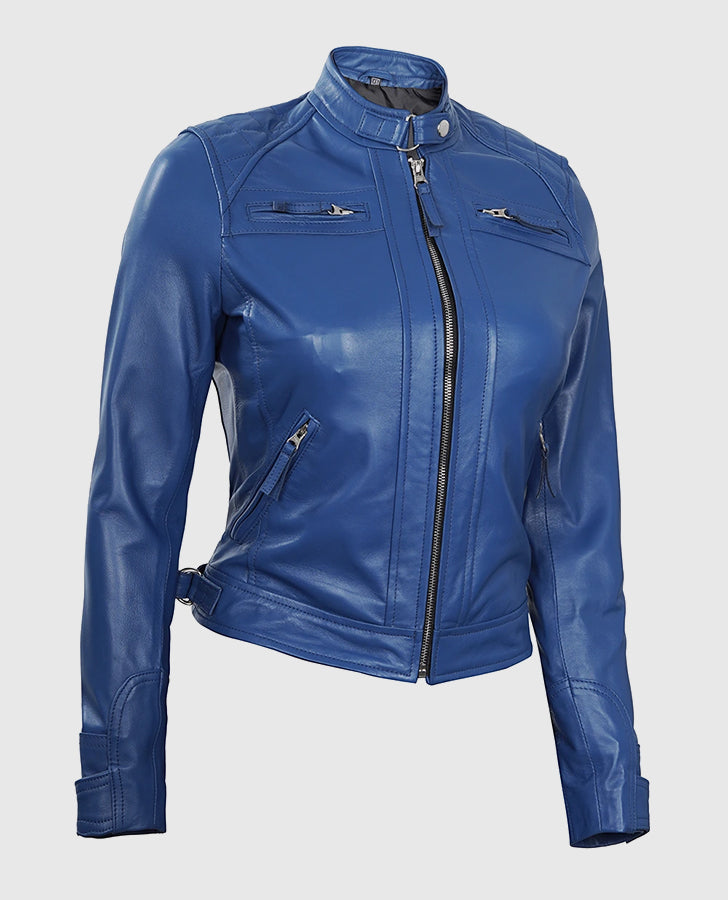 Women's Blue Diamond Cafe Racer Leather Jacket – Premium Outerwear - collar and zip close-up