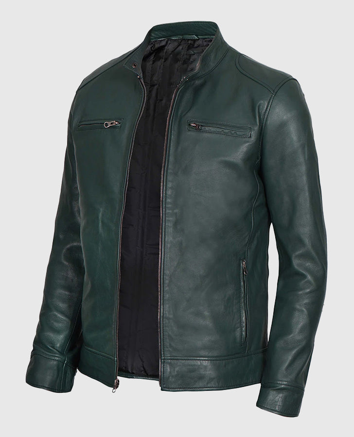 Men's Dark Green Cafe Racer Leather Jacket – Custom Fit - side angle view