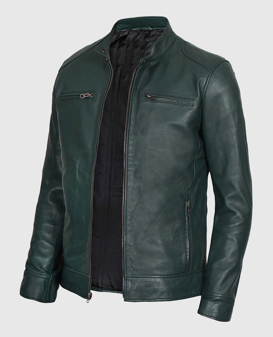 Men's Dark Green Cafe Racer Leather Jacket – Custom Fit - side angle view