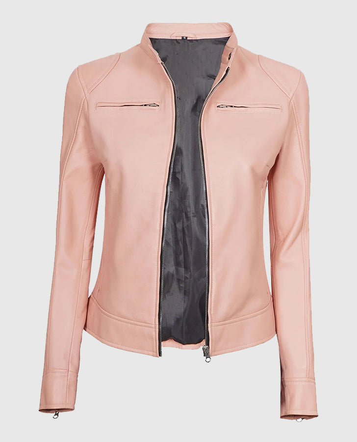 Women's Cafe Racer Light Pink Leather Jacket – Premium Outerwear - model wearing the jacket
