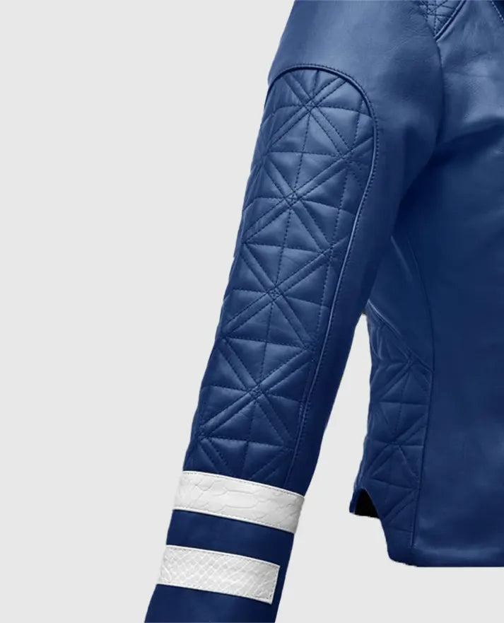 Women's Blue Biker Leather Jacket – Premium Outerwear - side angle view