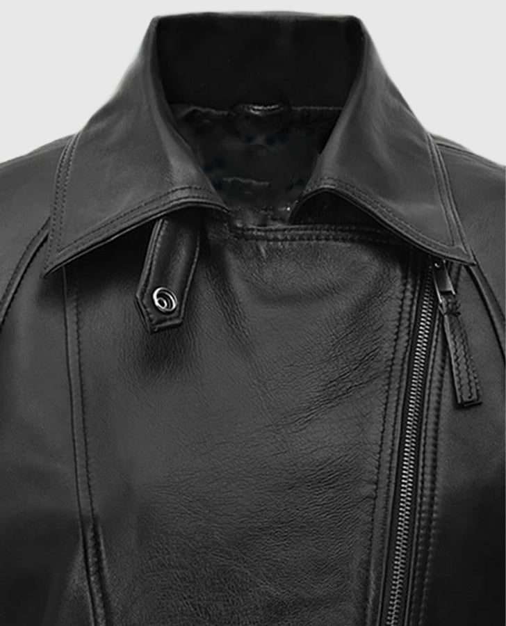 Women's Black & White Biker Leather Jacket | Genuine Leather - collar and zip close-up