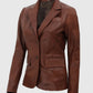 Women's Brown Two Button Leather Blazer Jacket – Premium Outerwear - collar and zip close-up