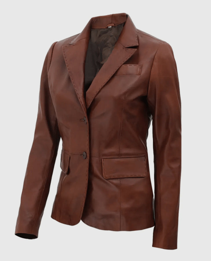 Women's Brown Two Button Leather Blazer Jacket – Premium Outerwear - collar and zip close-up