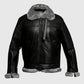 FUR Aviator Flying Pilot Bomber Black Leather Jacket for Men - collar and zip close-up
