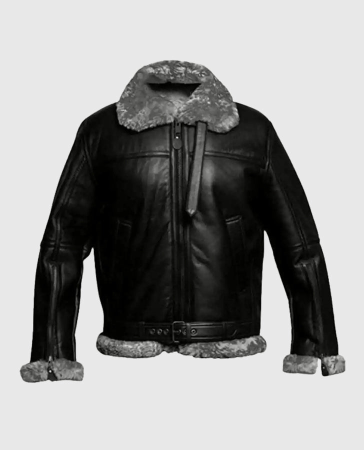 FUR Aviator Flying Pilot Bomber Black Leather Jacket for Men - collar and zip close-up