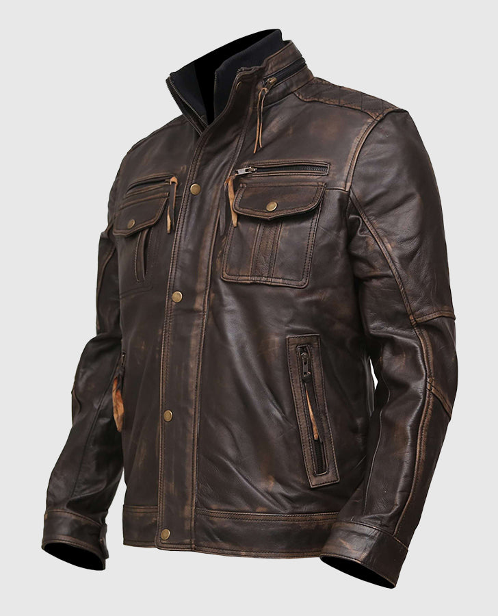 Men's Cafe Racer Vintage Distressed Leather Jacket - collar and zip close-up