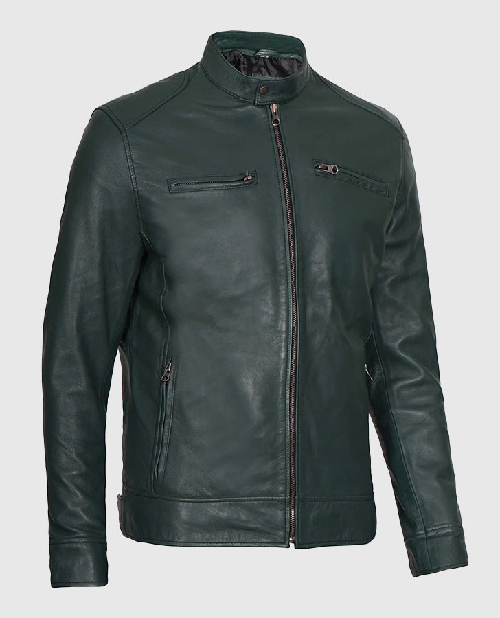 Men's Dark Green Cafe Racer Leather Jacket – Custom Fit - collar and zip close-up