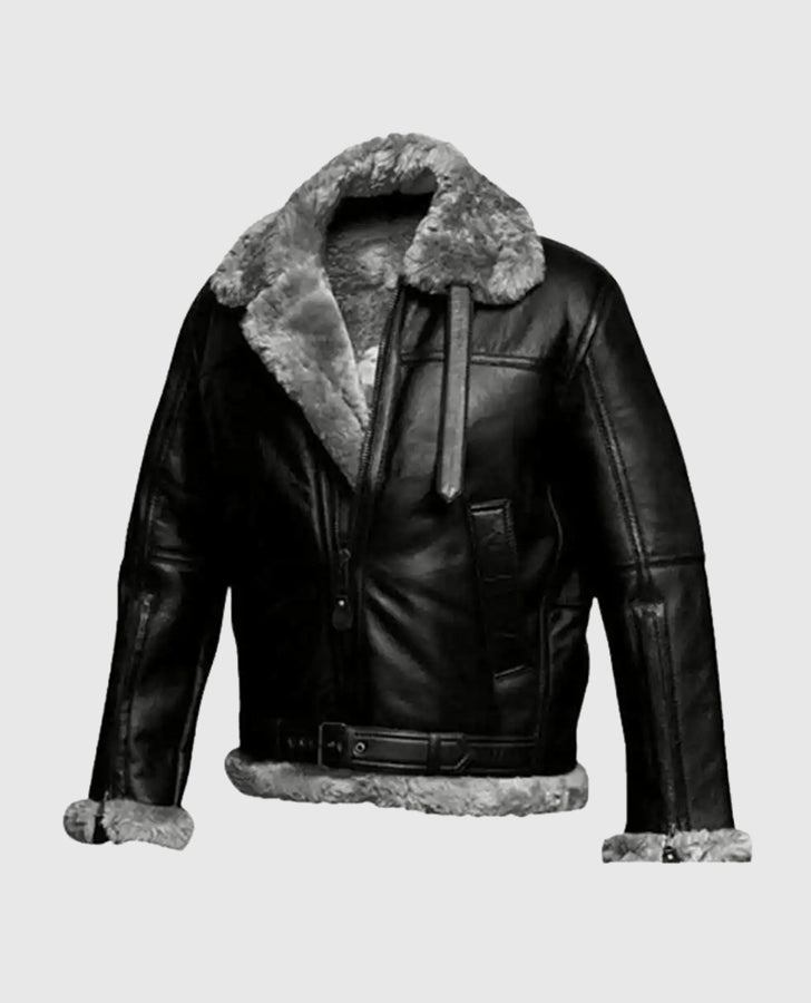 FUR Aviator Flying Pilot Bomber Black Leather Jacket for Men - side angle view