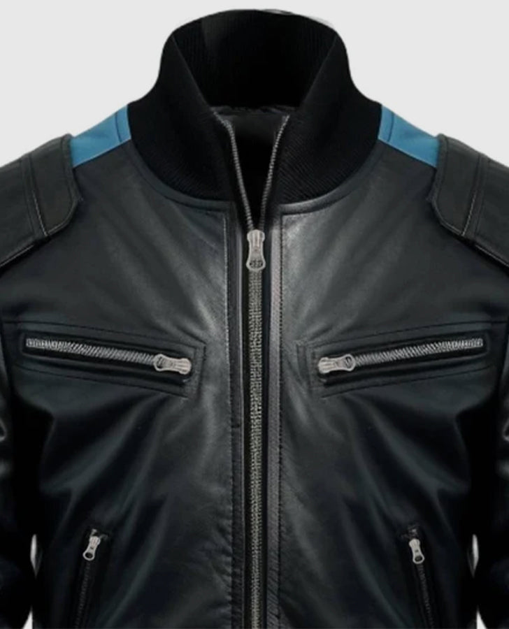 Men's Blue Black Bomber Leather Jacket – Premium Outerwear - side angle view