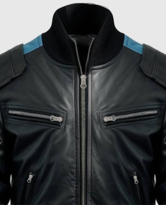 Men's Blue Black Bomber Leather Jacket – Premium Outerwear - side angle view