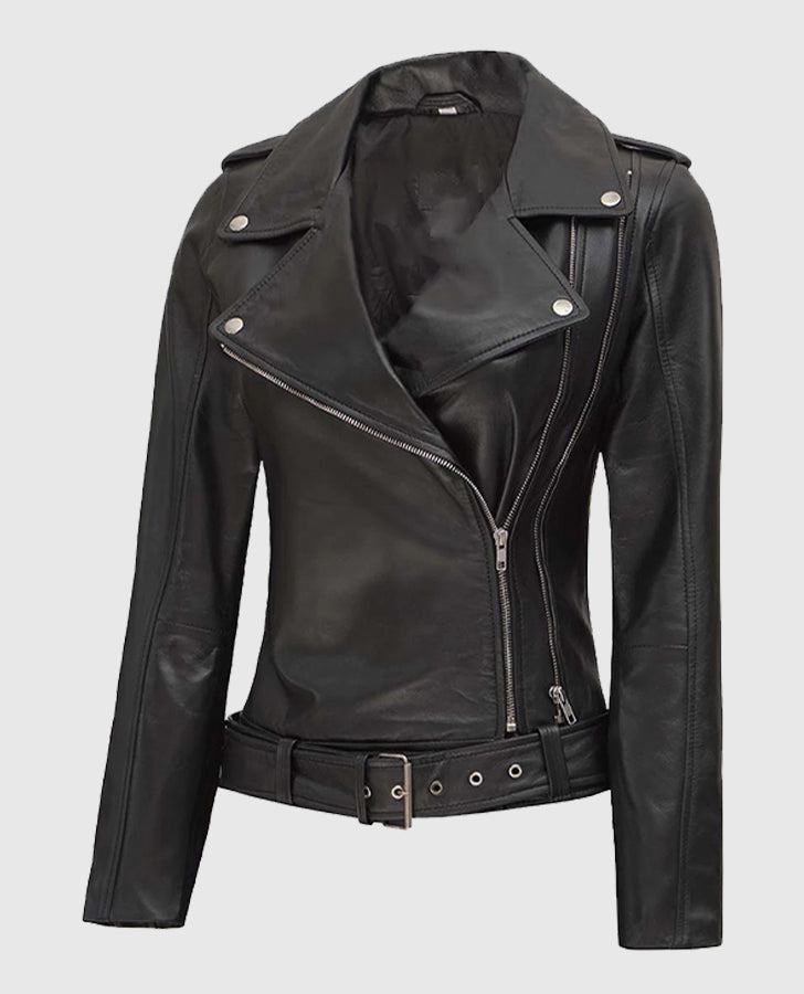 Women's Black Asymmetrical Leather Biker Jacket – Custom Fit - collar and zip close-up