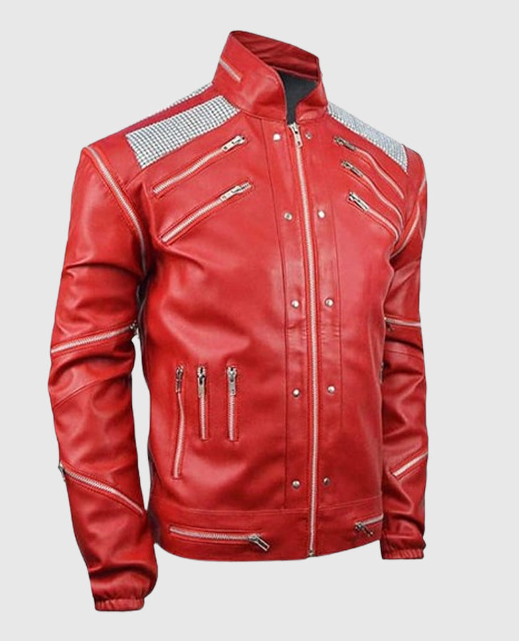 Michael Jackson Beat It Red Leather Jacket for Men - collar and zip close-up