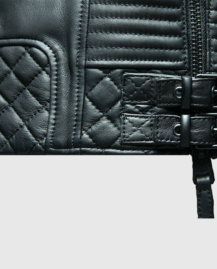 Charles Burnt Black Biker Leather Jacket for Men – Premium Outerwear - collar and zip close-up