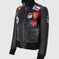 Women's Top Gun Black Bomber Leather Jacket with Badges - side angle view
