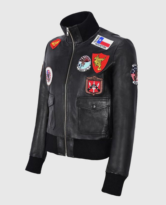 Women's Top Gun Black Bomber Leather Jacket with Badges - side angle view