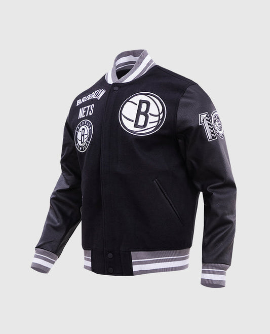 NBA Brooklyn Nets Men's Rib Wool Black Varsity Jacket - side angle view