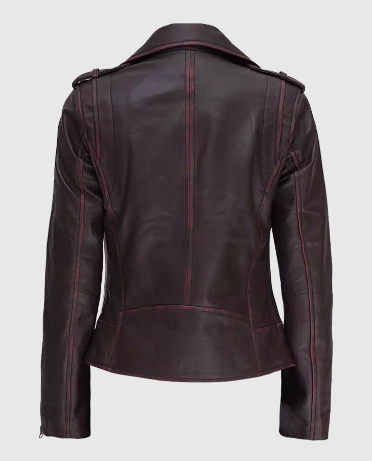 Women's Maroon Asymmetrical Leather Motorcycle Jacket - back view