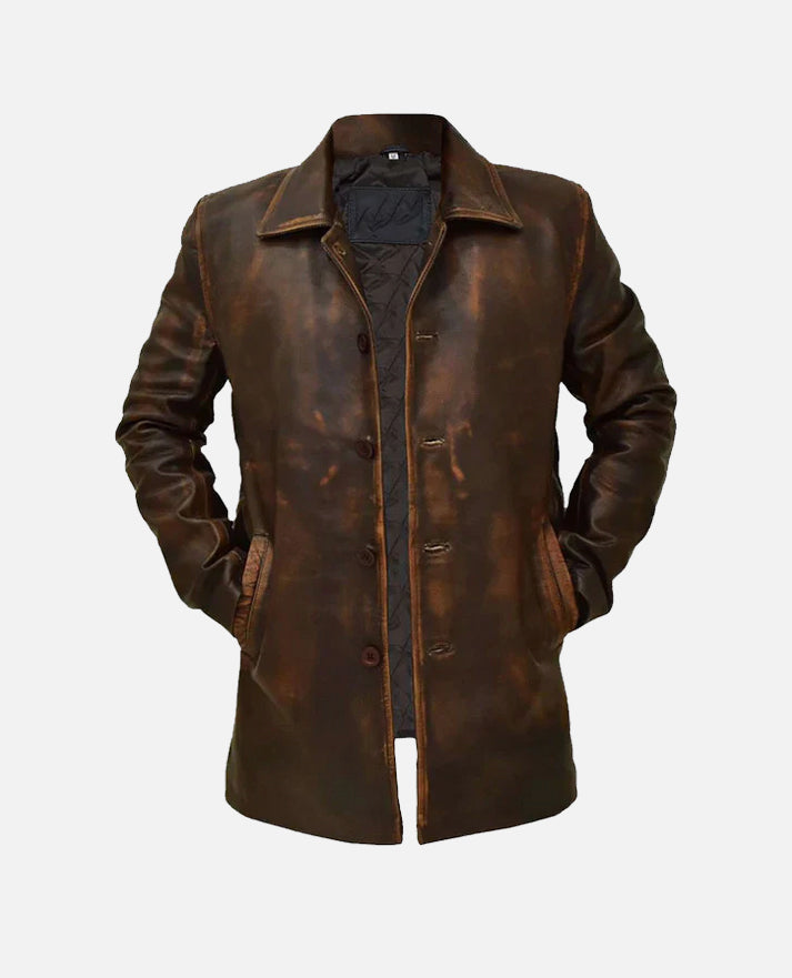 Men's Supernatural Brown Leather Trench Coat – Custom Fit - collar and zip close-up