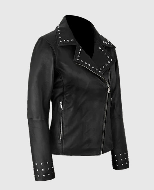 Eva Studded Black Leather Biker Jacket for Women | Genuine Leather - side angle view
