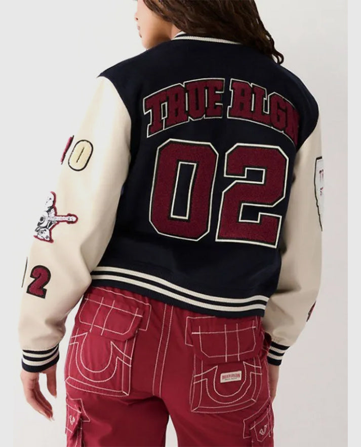 Women's True Religion Blue Varsity Leather Jacket – Custom Fit - back view