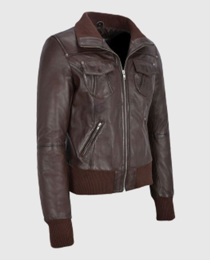 Women's Aviator Brown Bomber Leather Jacket – Premium Outerwear - side angle view