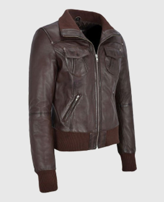 Women's Aviator Brown Bomber Leather Jacket – Premium Outerwear - side angle view