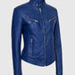 Women's Blue Basic Four Pocket Leather Jacket – Premium Outerwear - side angle view