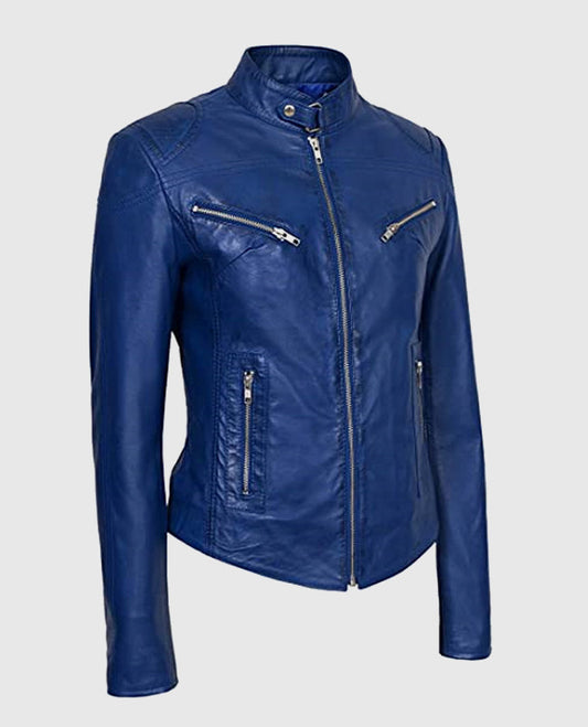 Women's Blue Basic Four Pocket Leather Jacket – Premium Outerwear - side angle view