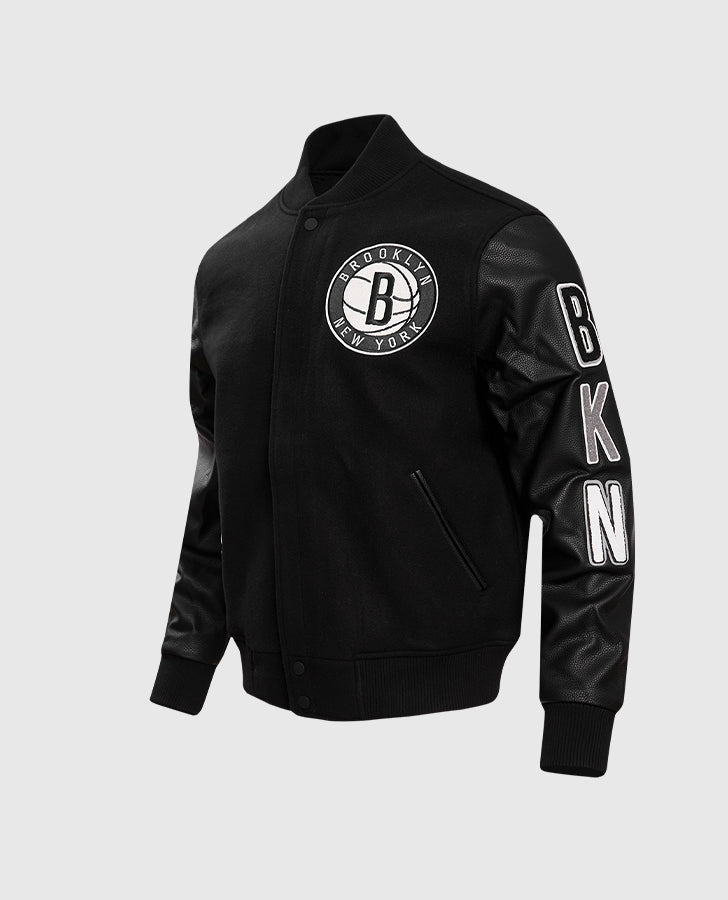 NBA Brooklyn Nets Men's Black Varsity Leather Jacket - collar and zip close-up