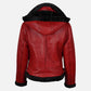 Women's Red Bomber Shearling Leather Jacket with Hood