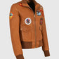 Women's Top Gun Brown Bomber Leather Jacket with Badges - side angle view
