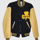 Fighting Irish Notre Dame Tan Varsity Leather Jacket for Women - front view