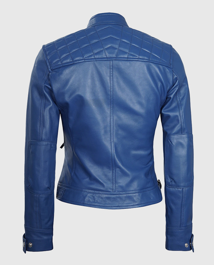 Women's Blue Diamond Cafe Racer Leather Jacket – Premium Outerwear - back view