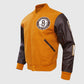 NBA Brooklyn Nets Men's Brown Varsity Leather Jacket - collar and zip close-up