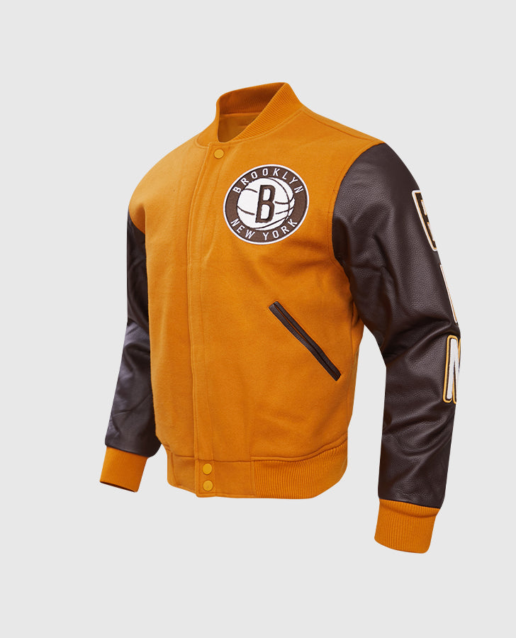 NBA Brooklyn Nets Men's Brown Varsity Leather Jacket - collar and zip close-up