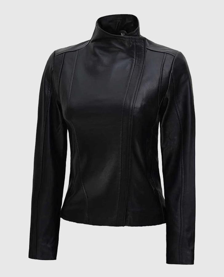Women's Arezzo Black Flap Closure Leather Jacket – Custom Fit - side angle view