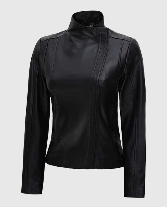 Women's Arezzo Black Flap Closure Leather Jacket – Custom Fit - side angle view