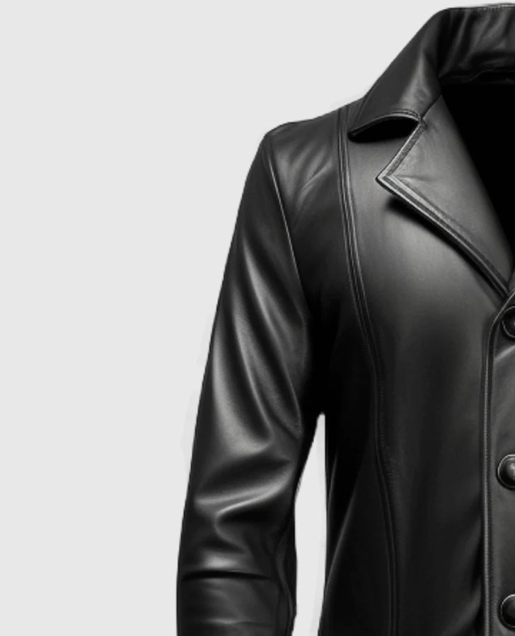 Men's Black Leather Coat – Custom Fit | Genuine Leather - side angle view
