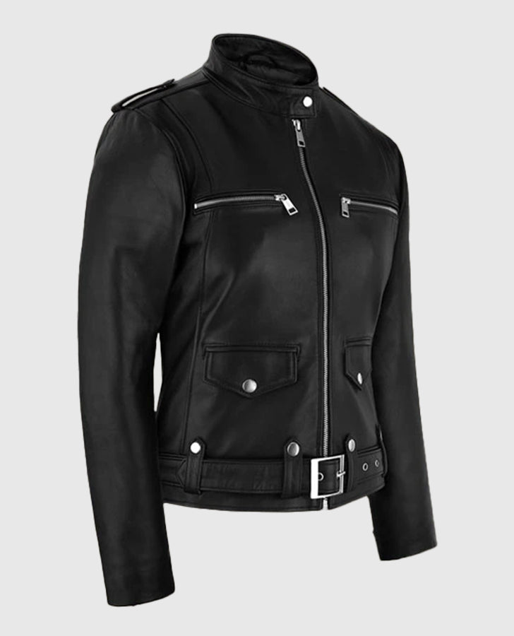 Women's Chic Rider Black Leather Jacket – Custom Fit - collar and zip close-up