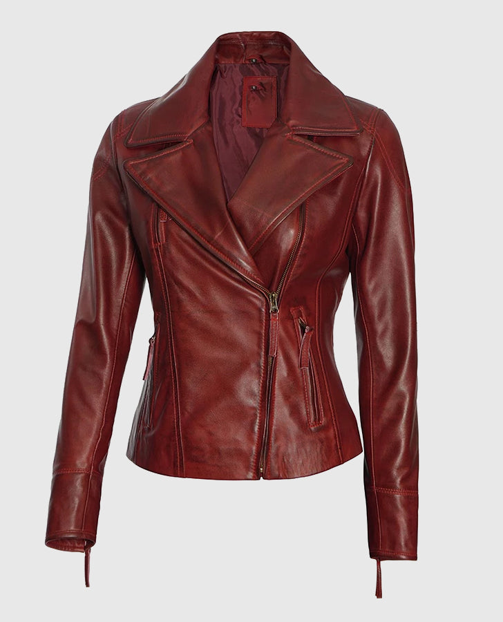 Women's Maroon Asymmetrical Biker Leather Jacket – Premium Outerwear - side angle view