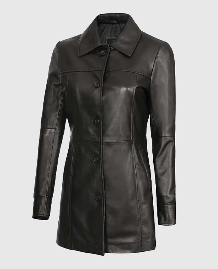 Women's Black Leather Long Coat – Custom Fit | Genuine Leather - inner lining view