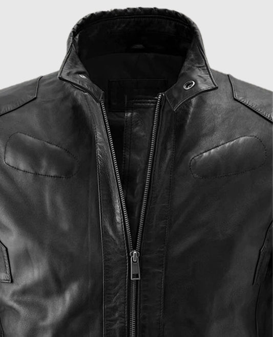 Men's Black Cafe Racer Leather Jacket | Genuine Leather - side angle view
