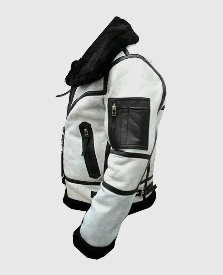 Men's RAF B3 White Bomber Flight Aviator Leather Jacket - side angle view