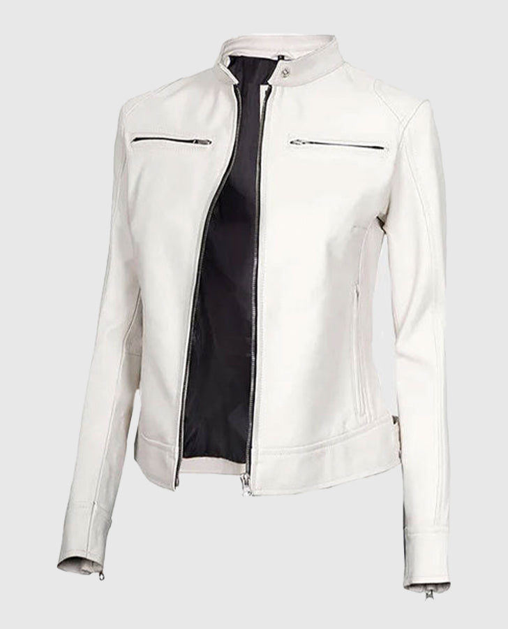Women's White Leather Cafe Racer Jacket – Premium Outerwear - inner lining view