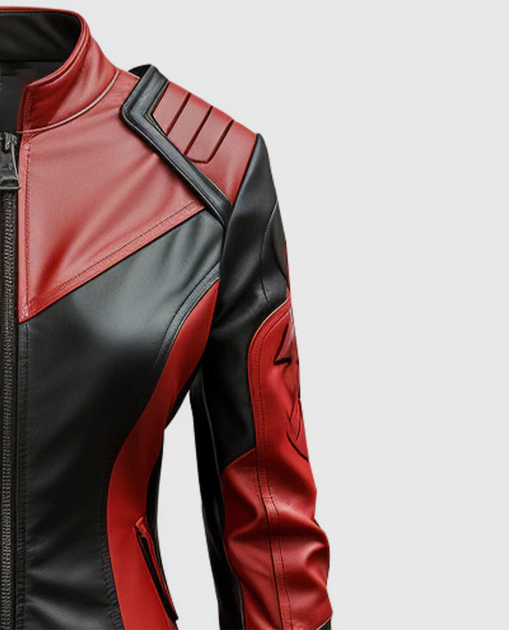 Italian Women's Vegan Red & Black Leather Jacket | Genuine Leather - side angle view