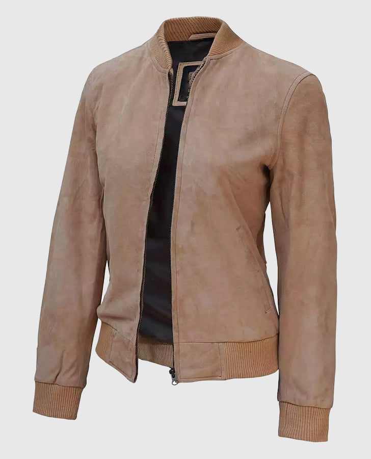 Women's Camel Tan Suede Bomber Jacket – Custom Fit - side angle view