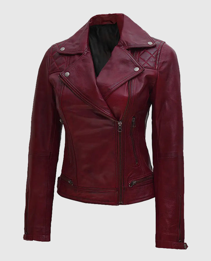 Kimberley Quilted Leather Motorcycle Maroon Jacket for Women - side angle view