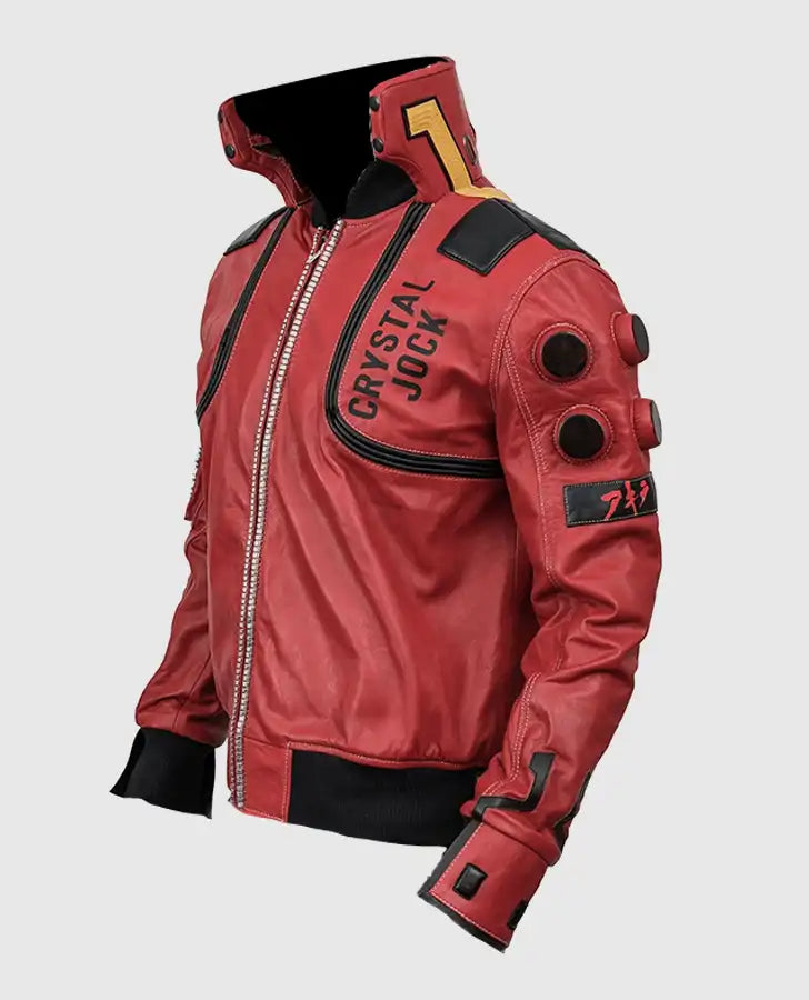 Cyberpunk 2077 Akira Kaneda Capsule Red Leather Jacket for Men - collar and zip close-up