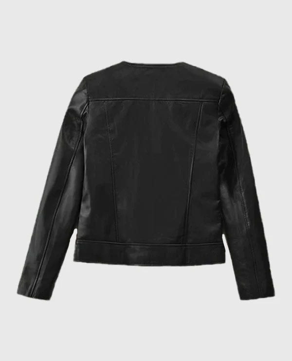 Women's Black Collarless Biker Leather Jacket – Custom Fit - inner lining view